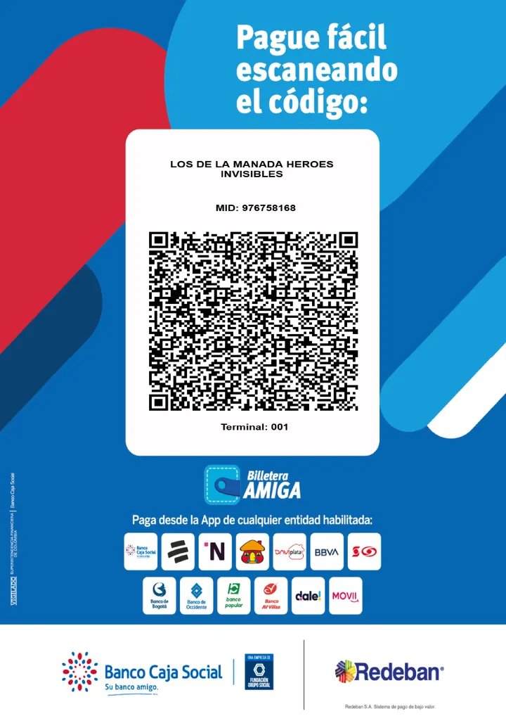 Código QR de pago de Los de la Manada Héroes Invisibles, con la lista de bancos y billeteras habilitadas